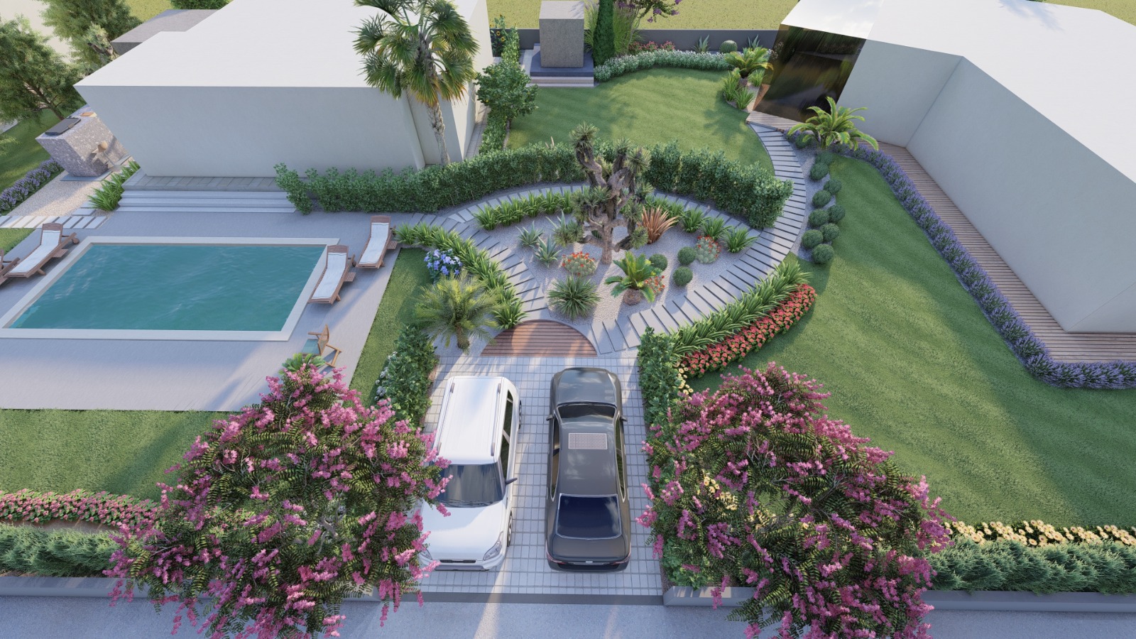 Otopark ve çevresi bitkilendirmesinin 3D görseli