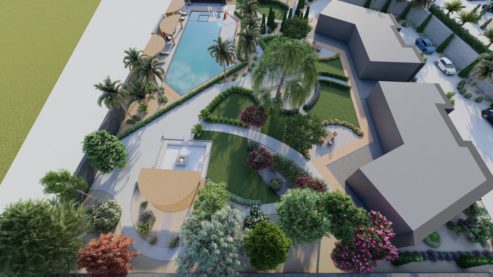Villa bahçesinin kuş bakışı 3D görseli